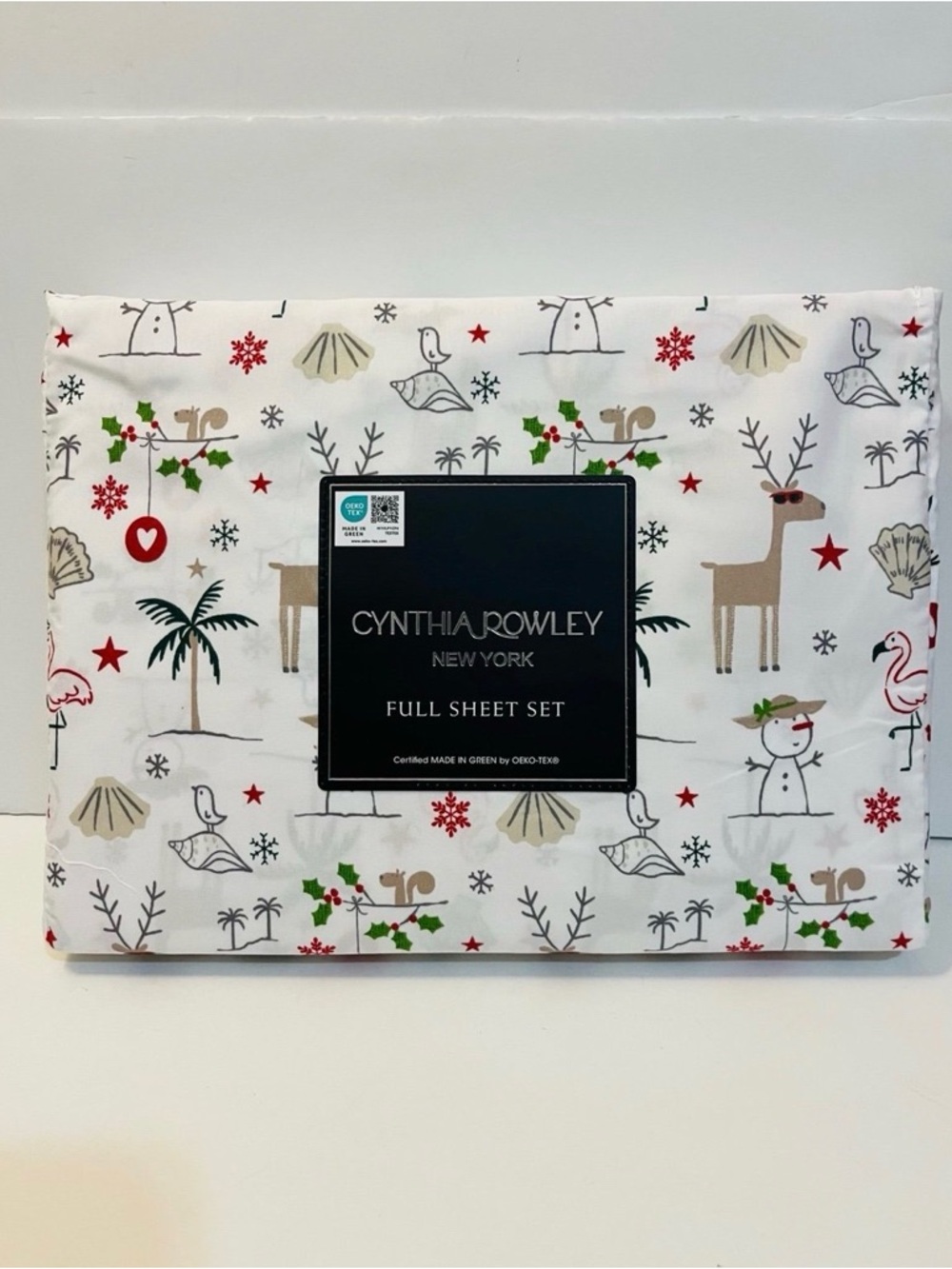 Cynthia Rowley Christmas Beach Full Size Sheet Set Palm Tree Seashell Flamingo